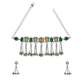 Oxidised Silver Ghungroo Choker Necklace & Earrings Stone Detailing- Antique Elegance