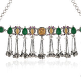 Oxidised Silver Ghungroo Choker Necklace & Earrings Stone Detailing- Antique Elegance