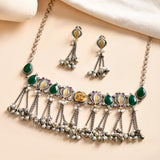 Oxidised Silver Ghungroo Choker Necklace & Earrings Stone Detailing- Antique Elegance