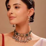 Oxidised Silver Ghungroo Choker Necklace & Earrings Stone Detailing- Antique Elegance