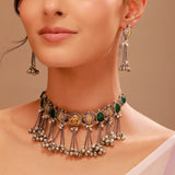 Oxidised Silver Ghungroo Choker Necklace & Earrings Stone Detailing- Antique Elegance