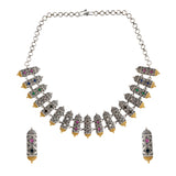 Oxidised Silver-Gold Choker Necklace & Earrings Temple Set - Antique Elegance