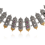 Oxidised Silver-Gold Choker Necklace & Earrings Temple Set - Antique Elegance
