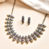 Oxidised Silver-Gold Choker Necklace & Earrings Temple Set - Antique Elegance