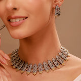Oxidised Silver-Gold Choker Necklace & Earrings Temple Set - Antique Elegance