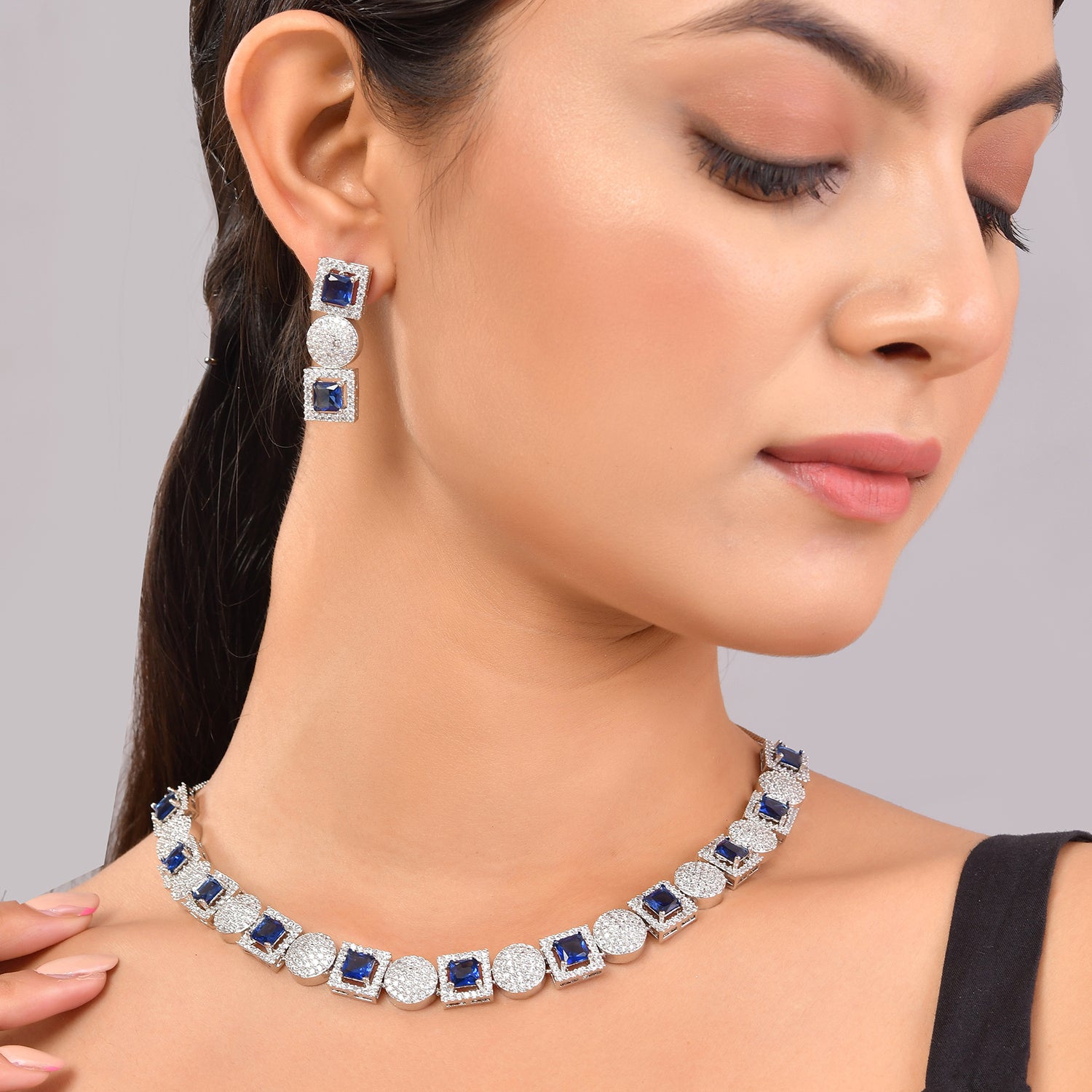 Sparkling Elegance Symphony Blue American Diamond Necklace Set