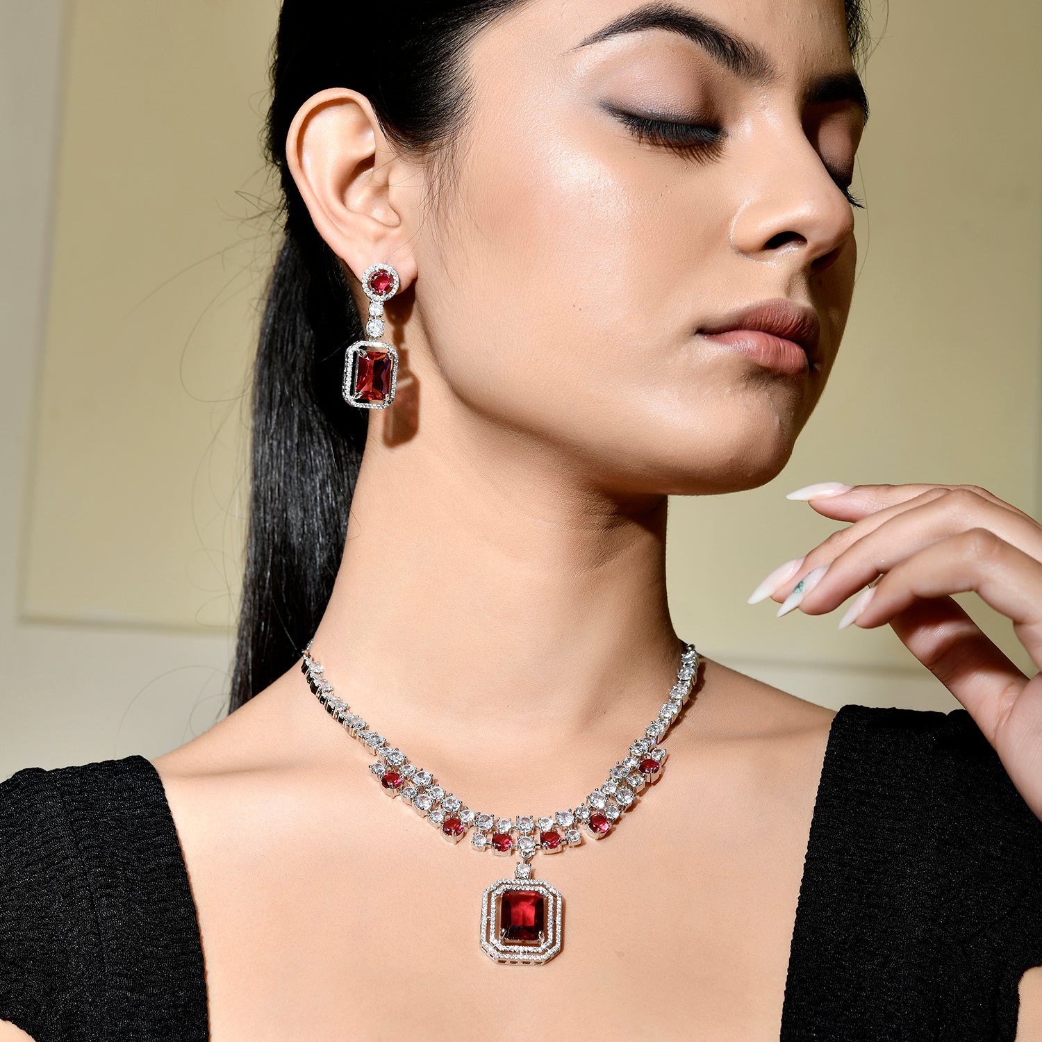 Sparkling Elegance Eternal Love Red American Diamond Necklace Set