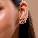 Gold Elegance Rose Bloom Square Stud Earrings