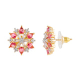 Gold Elegance Crimson Halo Bloom Stud Earrings