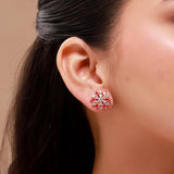 Gold Elegance Crimson Halo Bloom Stud Earrings