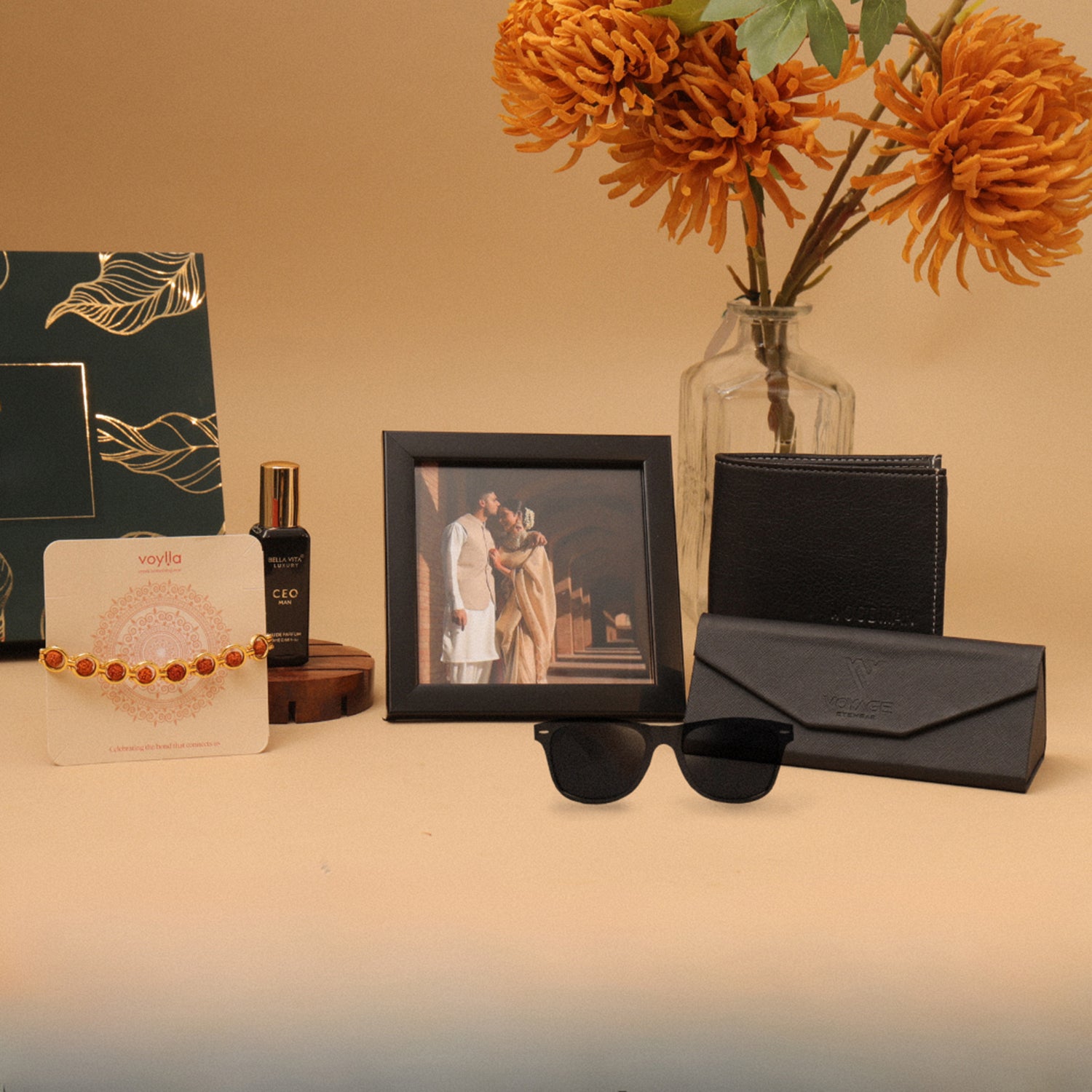 Traditional Rakhi gift hamper for brother with classic sweets and ethnic accessories celebrating Raksha Bandhan.