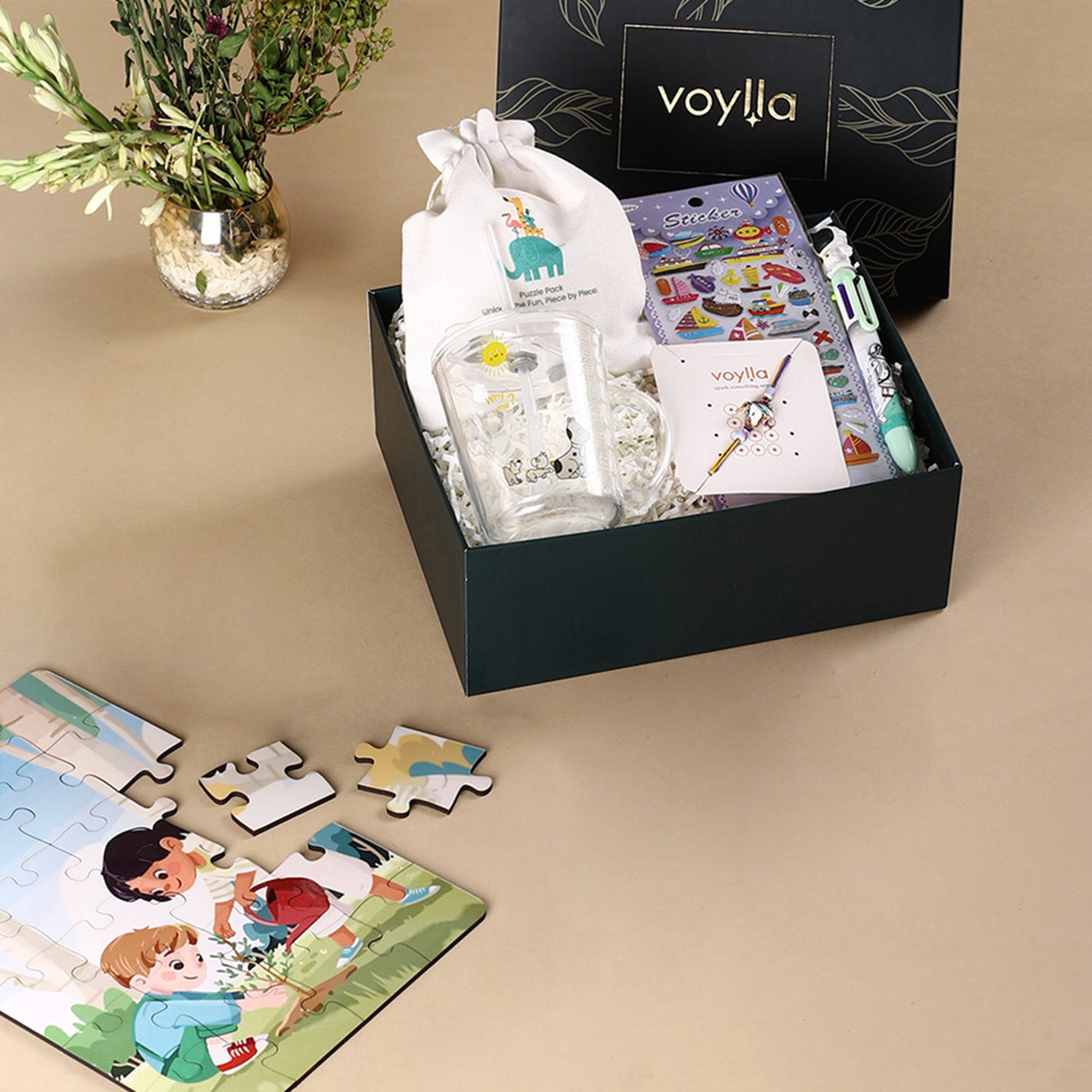 rakhi gift and rakhi hamper with glass tumblr and puzzles