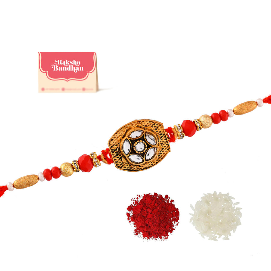 Red Thread Beaded Traditional Motif Rakhi For Brother | Voylla