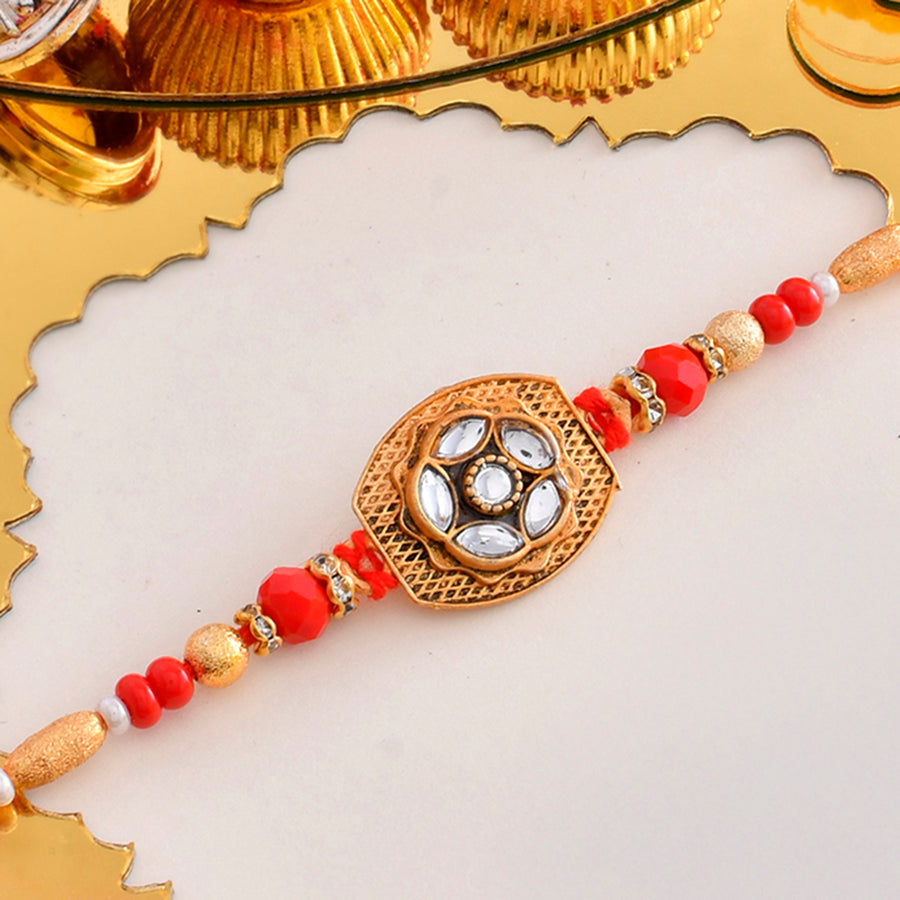 Red Thread Beaded Traditional Motif Rakhi For Brother | Voylla