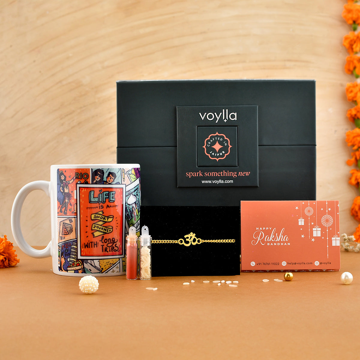 Gold tone Om rakhi with quirky Chumbak mug – Raksha Bandhan combo gift for USA delivery