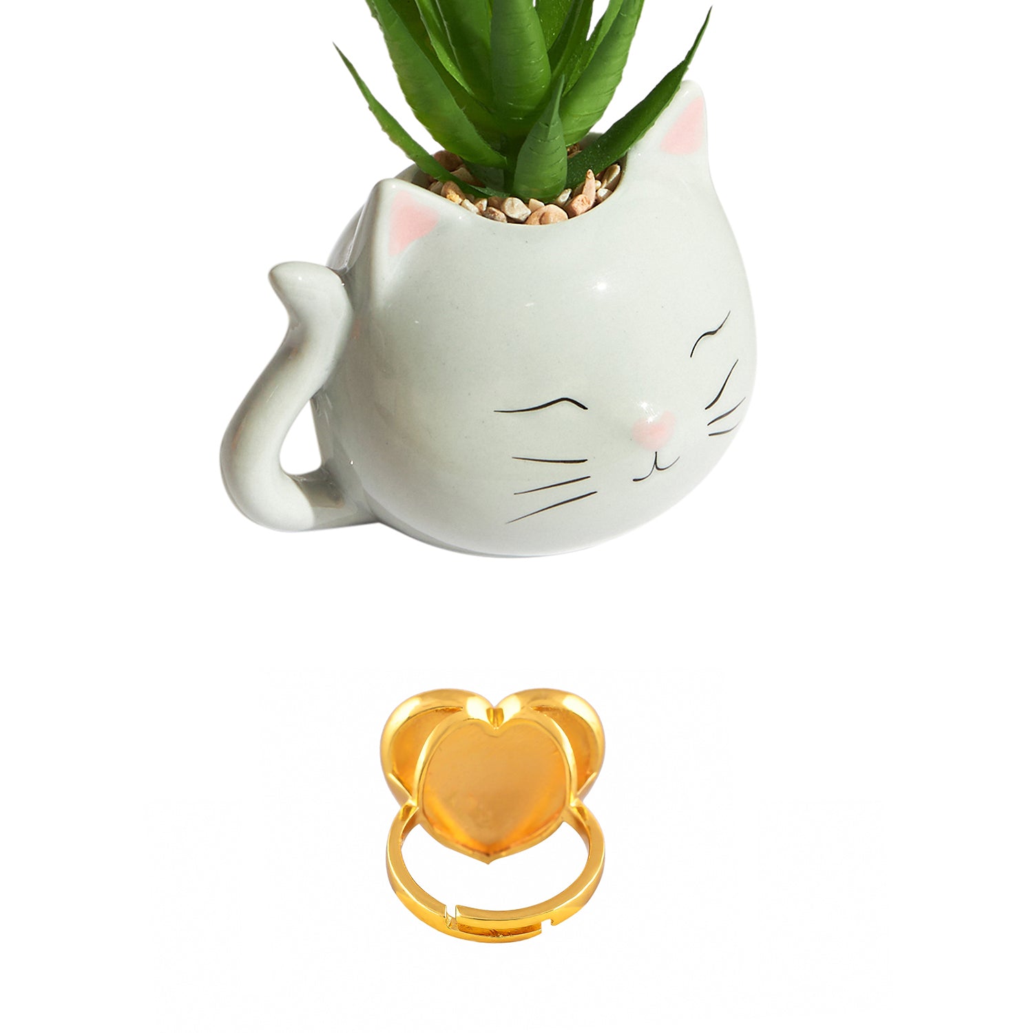 Mosaic Heart Ring With Blushing Cat Planter Combo