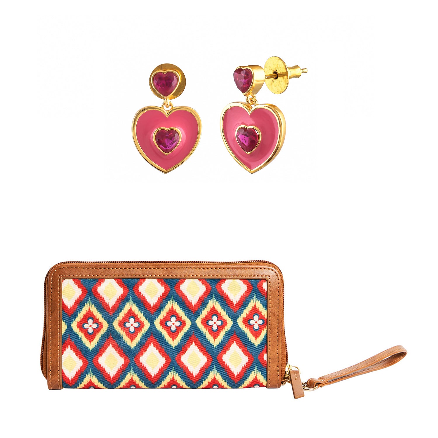 Pink Heart Drop Earrings With Ikkat Long Wallet Combo