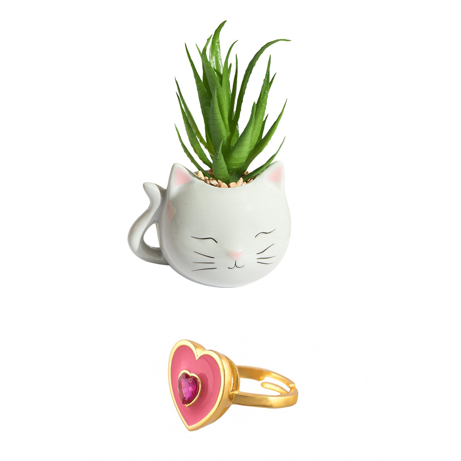 Pink Heart Ring With Blushing Cat Planter Combo