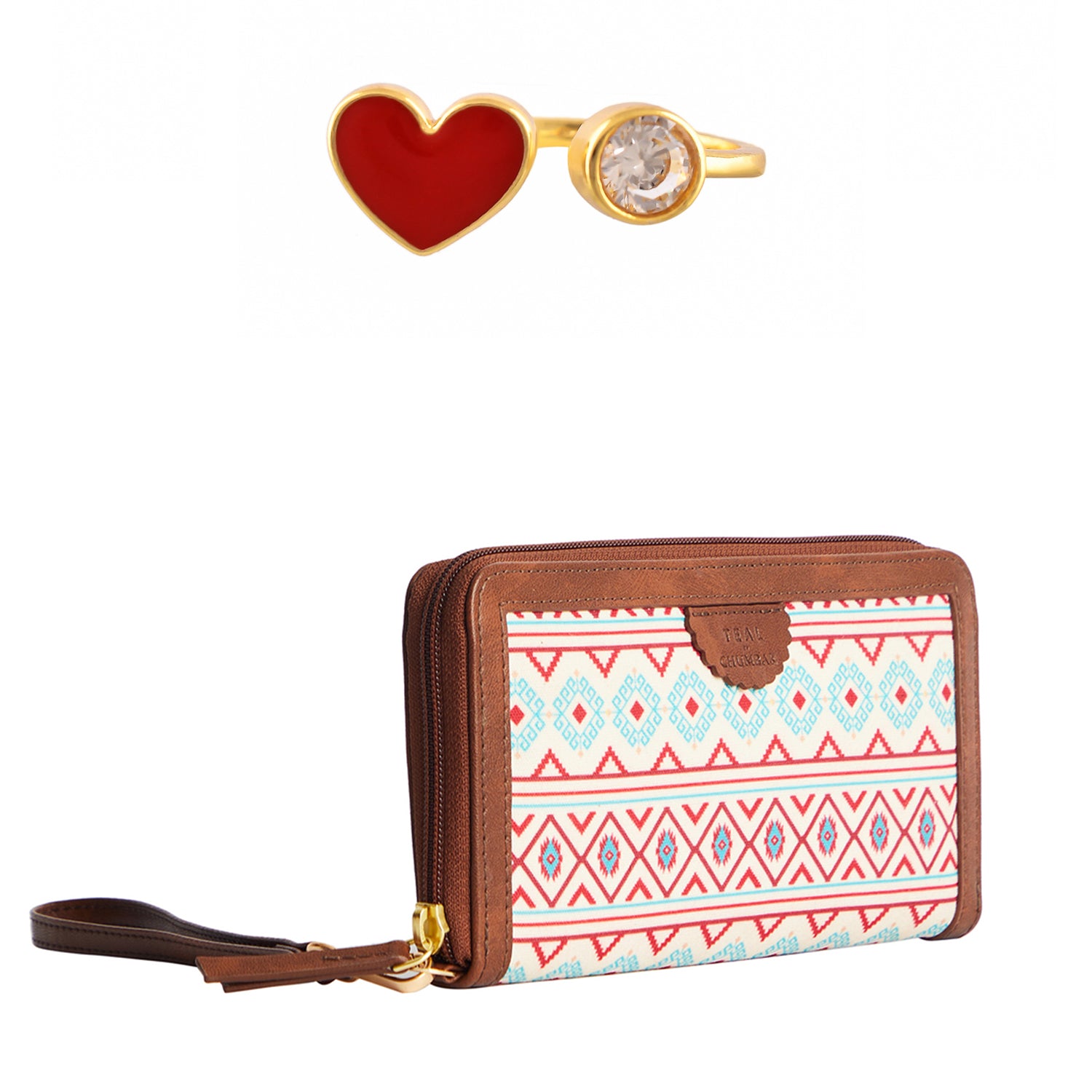 Red Heart Open Finger Ring With Aztec Long Wallet Combo