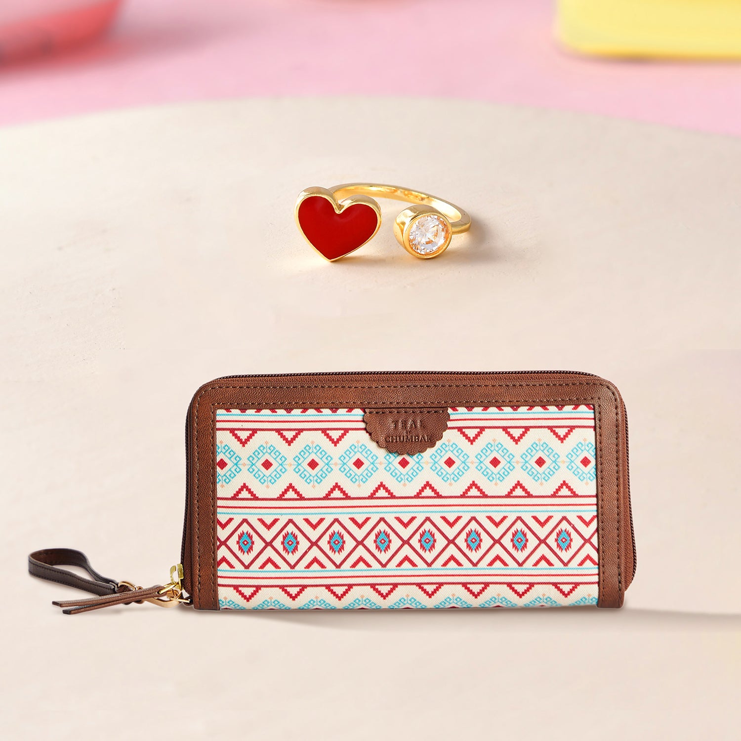 Red Heart Open Finger Ring With Aztec Long Wallet Combo