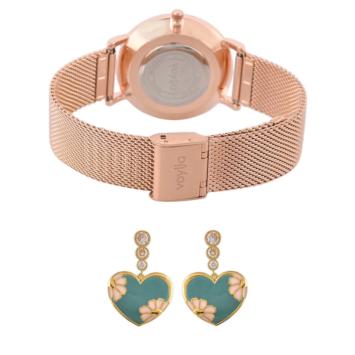 Camellia Drop Earrings With Gold Analog Watch Combo