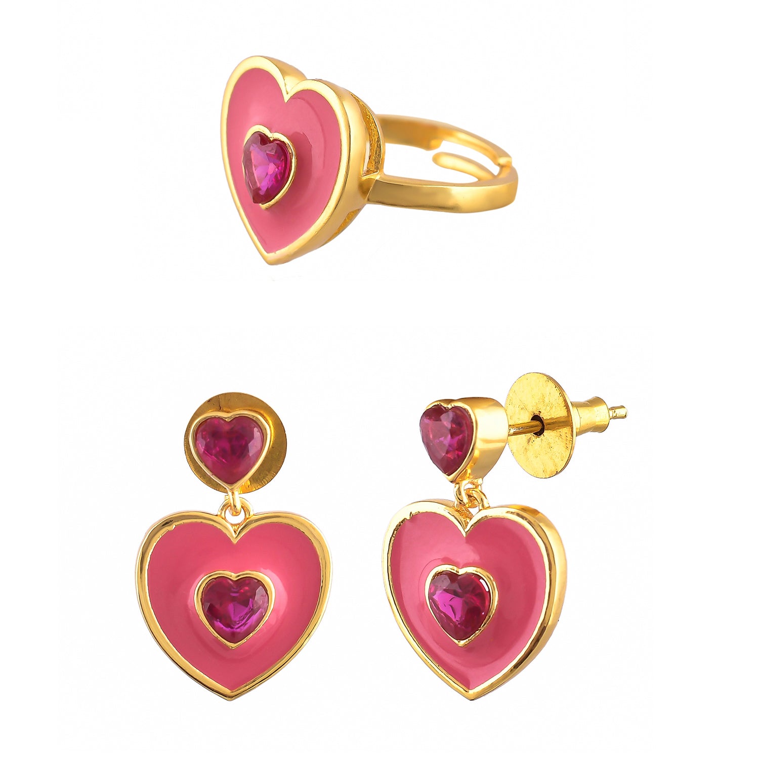 Pink Heart Drop Earrings And Ring Combo