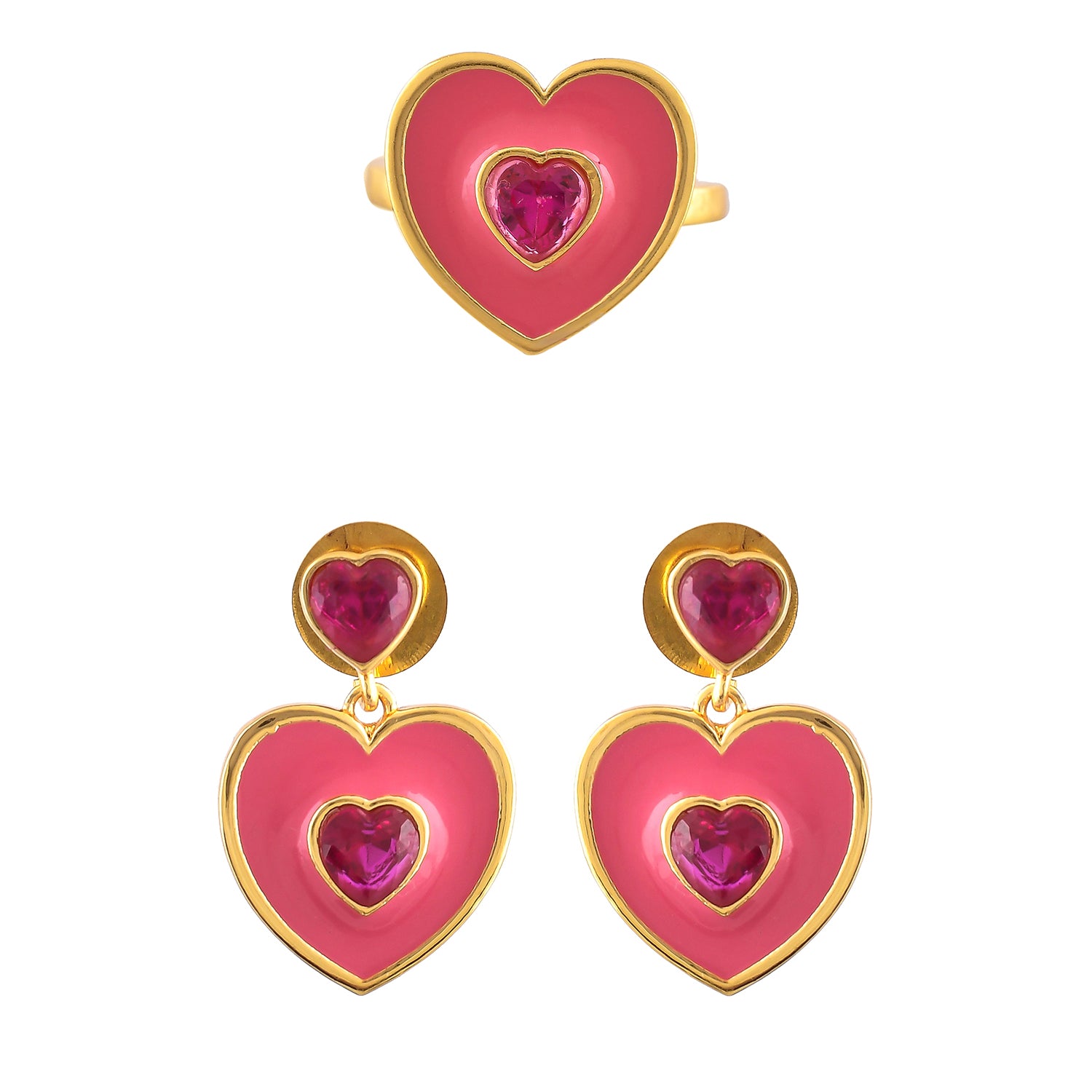 Pink Heart Drop Earrings And Ring Combo