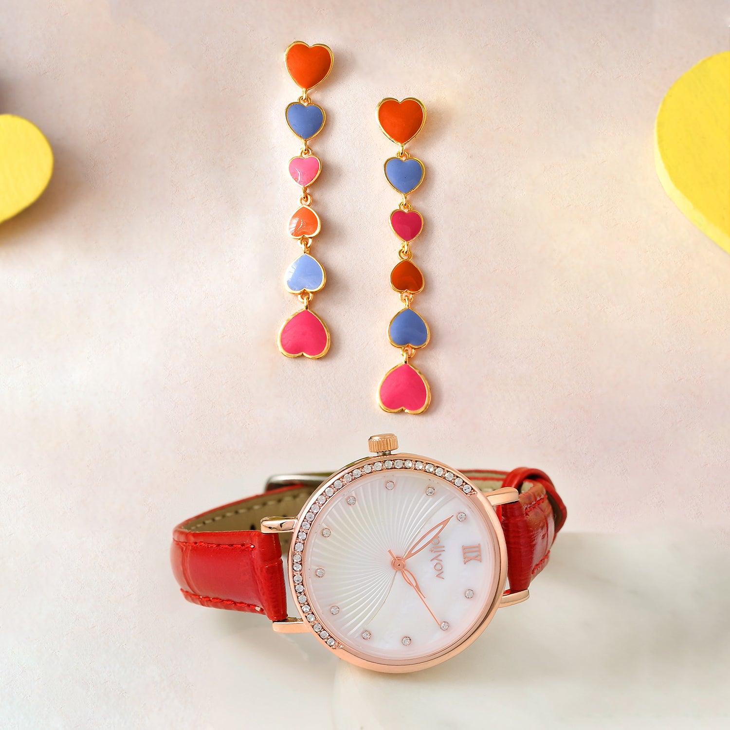 Shades Of Love Long Earrings And Sleek Red Strap Watch Combo