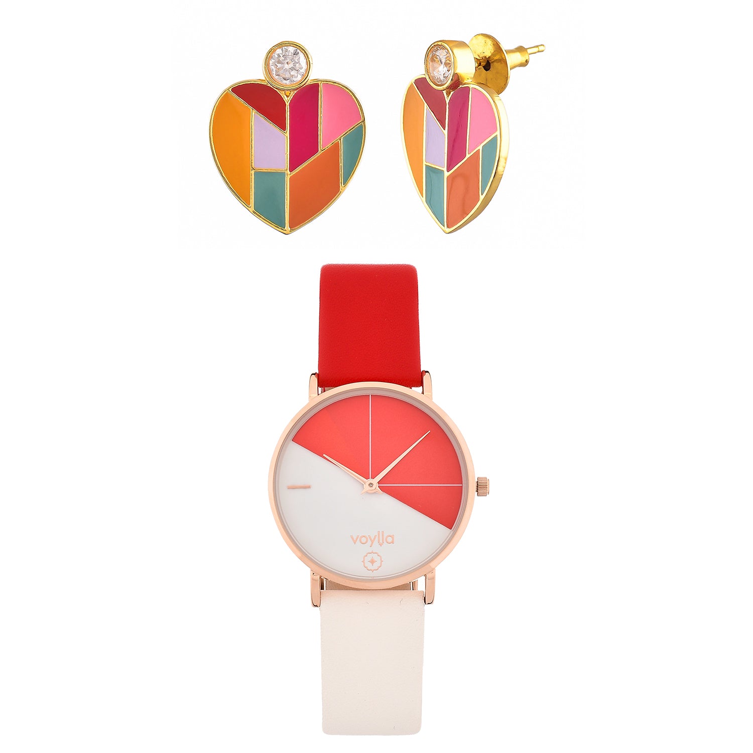 Mosaic Heart Earrings And Red and White Dial Watch Combo