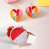 Mosaic Heart Earrings And Red and White Dial Watch Combo