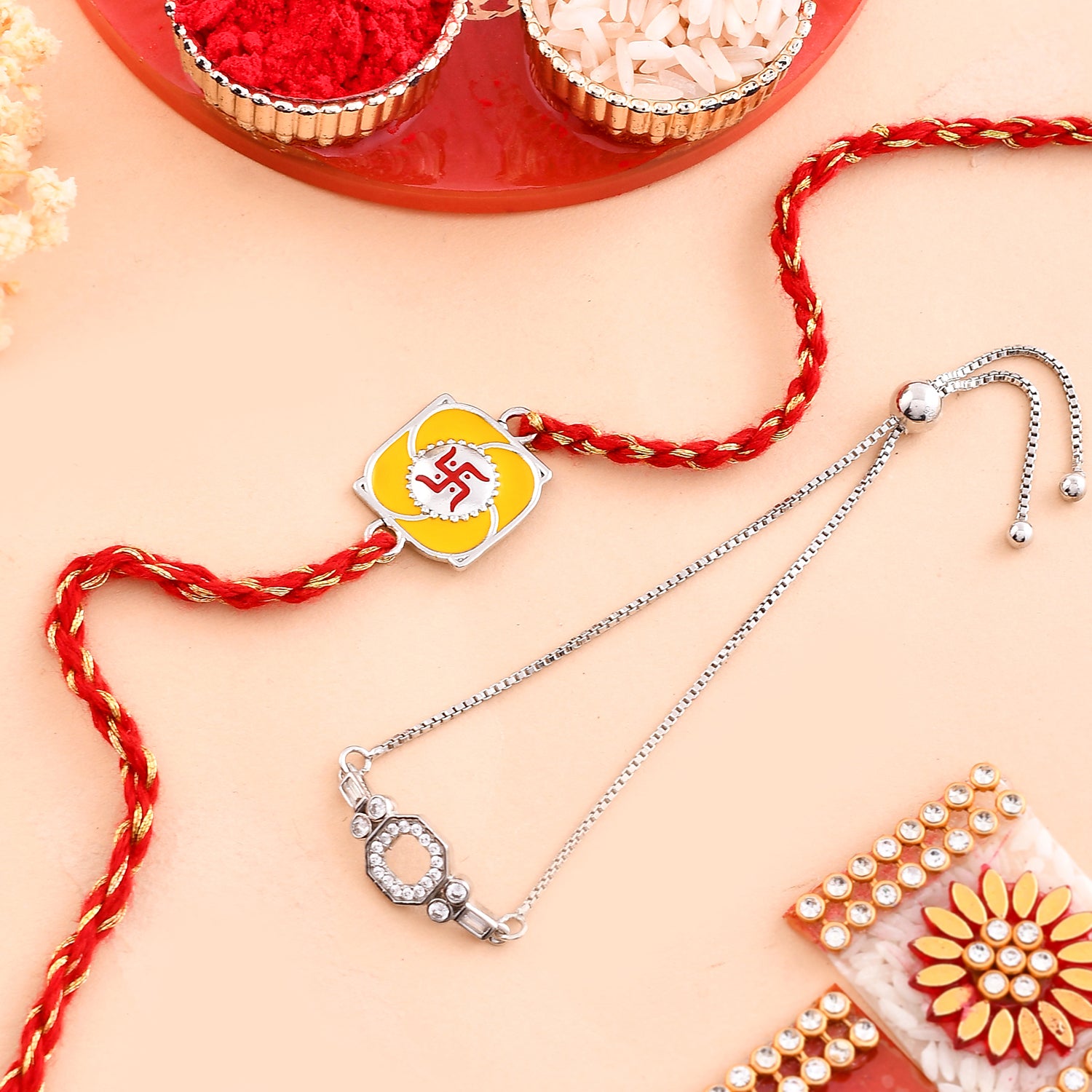 Elegant Sterling Silver Swastik Rakhi And Lumba Bracelet Combo For Brother And Bhabhi