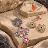 Navratri Oxidised Silver Jewellery Combo Set – Enamel Pendant Chain Ring Kada and Earrings | Ethnic Style | Gift for Women