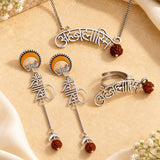 Navratri Oxidised Silver Jewellery Combo Set – Mantra Pendant Chain and Rudraksha Earrings | Ethnic Style | Gift for Women