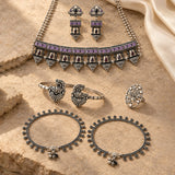 Navratri Oxidised Silver Jewellery Combo Set – Enamel Necklace Anklet Ring Bracelet and Earrings | Ethnic Style | Gift for Women