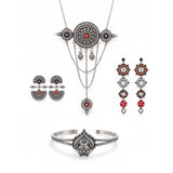 Navratri Oxidised Silver Jewellery Combo Set – Enamel Pendant Bracelet and Two Pairs of Earrings | Ethnic Style | Gift for Women