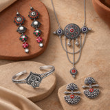 Navratri Oxidised Silver Jewellery Combo Set – Enamel Pendant Bracelet and Two Pairs of Earrings | Ethnic Style | Gift for Women