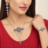 Navratri Oxidised Silver Jewellery Combo Set – Enamel Pendant Bracelet and Two Pairs of Earrings | Ethnic Style | Gift for Women