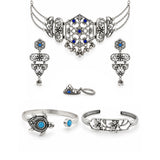 Navratri Oxidised Silver Jewellery Combo Set – Stone Necklace Set Two Rings and Two Bracelets | Ethnic Style | Gift for Women