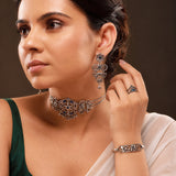 Navratri Oxidised Silver Jewellery Combo Set – Stone Necklace Set Two Rings and Two Bracelets | Ethnic Style | Gift for Women