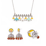 Navratri Oxidised Silver Jewellery Combo Set – Rudraksha Om Ring Earrings and Enamel Pendant | Ethnic Style | Gift for Women