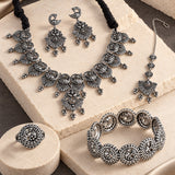 Navratri Oxidised Silver Jewellery Combo Set – Peacock Necklace Earrings Maangtika Ring and Bracelet | Ethnic Style | Gift for Women