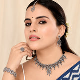 Navratri Oxidised Silver Jewellery Combo Set – Peacock Necklace Earrings Maangtika Ring and Bracelet | Ethnic Style | Gift for Women