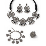 Navratri Oxidised Silver Jewellery Combo Set – Floral Necklace Earrings Anklet and Ring | Ethnic Style | Gift for Women