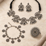 Navratri Oxidised Silver Jewellery Combo Set – Floral Necklace Earrings Anklet and Ring | Ethnic Style | Gift for Women