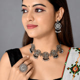 Navratri Oxidised Silver Jewellery Combo Set – Floral Necklace Earrings Anklet and Ring | Ethnic Style | Gift for Women