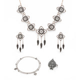 Navratri Oxidised Silver Jewellery Combo Set – Floral Feather Necklace Earrings Ring and Anklet | Ethnic Style | Gift for Women