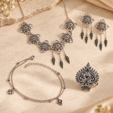 Navratri Oxidised Silver Jewellery Combo Set – Floral Feather Necklace Earrings Ring and Anklet | Ethnic Style | Gift for Women