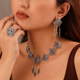 Navratri Oxidised Silver Jewellery Combo Set – Floral Feather Necklace Earrings Ring and Anklet | Ethnic Style | Gift for Women