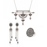 Navratri Oxidised Silver Jewellery Combo Set – Green Stone Earrings Fan Pendant Chain and Ring | Ethnic Style | Gift for Women