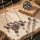 Navratri Oxidised Silver Jewellery Combo Set – Green Stone Earrings Fan Pendant Chain and Ring | Ethnic Style | Gift for Women